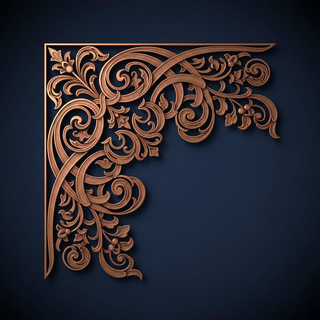 A close-up, almost architectural view of an ornate corner motif, as if extracted from the margin of an illuminated manuscript and magnified. Interlocking tendrils, stylized blossoms, and fine line hatching form a sophisticated right-angle design in burnished copper tones against a midnight blue background with a soft gradient. Digital-art rendering highlights beveled edges and subtle embossing, making the ornament feel slightly raised from the surface. Directional side lighting from the right creates narrow, elegant shadows that emphasize depth and craftsmanship. The camera angle is straight-on, focusing tightly on the corner so the lines appear to radiate beyond the frame. The atmosphere is luxurious, scholarly, and slightly mysterious, suggesting a fragment of a larger, eloquent ornamental language yet to be deciphered.