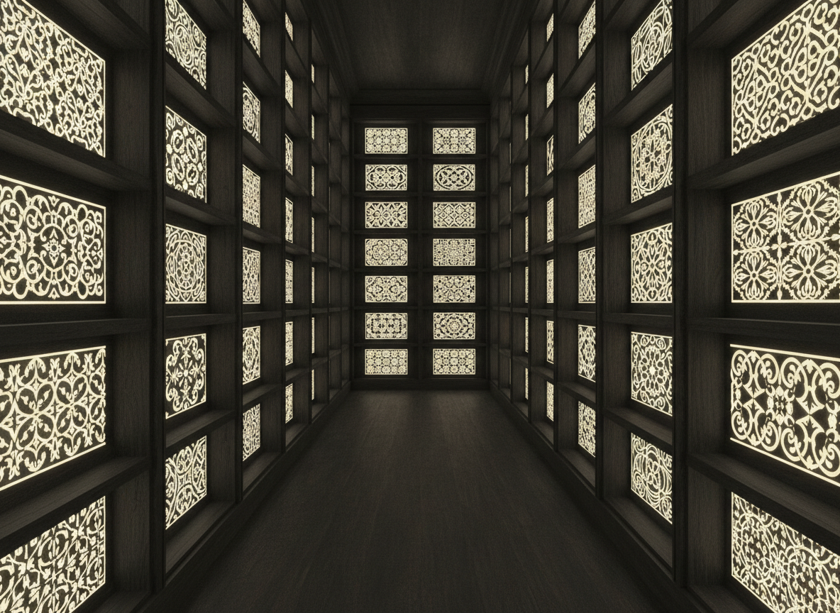 A meticulously rendered digital-art “ornamental library,” where instead of books, tall, shadowy shelves display glowing panels of pattern swatches: friezes, medallions, corner pieces, and border strips arranged in precise grids. Each panel features a different sophisticated design—some filigreed and botanical, others stark and geometric—using a restrained palette of ivory, ink, and antique gold. Soft, diffused lighting filters from above, catching subtle reflective accents on select patterns and casting delicate vertical shadows between shelves. The viewpoint is slightly low and centered, looking down a narrow aisle with strong linear perspective that draws the eye toward a softly illuminated vanishing point. The atmosphere is hushed and archival, as though entering an exclusive repository of ornamental language and visual grammar.