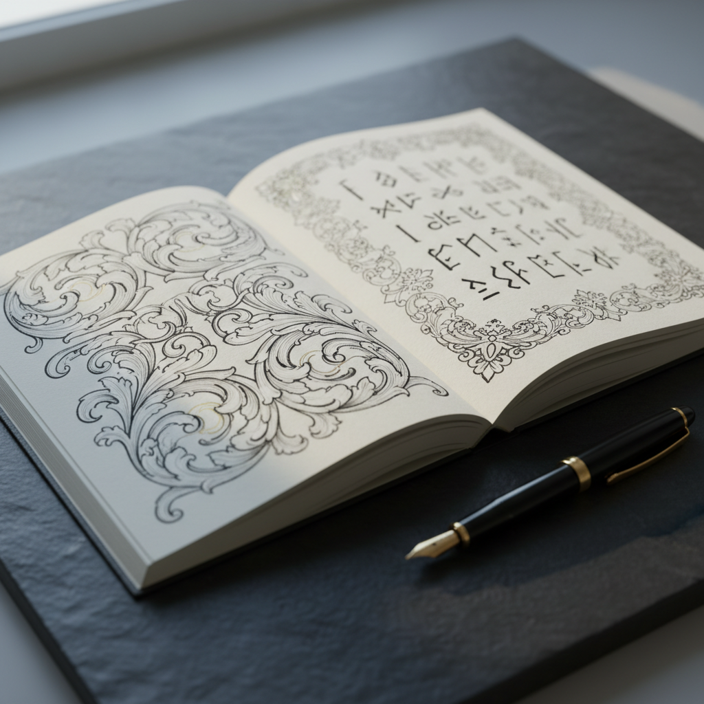 An open sketchbook spread lying on a smooth, dark stone surface, its creamy pages filled edge-to-edge with refined ornamental studies: arabesques, acanthus leaves, lace-like borders, and abstract glyphs that hint at a secret script. Beside it rests a single onyx-black fountain pen with a gold nib, placed parallel to the page margin. Soft, cool daylight from an unseen window washes in from the left, creating gentle highlights on the ink lines and subtle shadows along the page’s slight warp. The digital-art rendering mimics tactile realism while maintaining a clean, controlled aesthetic. Shot from a slightly elevated angle with moderate depth of field, the focus is sharp on the center of the spread, blurring delicately toward the edges. The atmosphere is studious, intimate, and quietly luxurious.