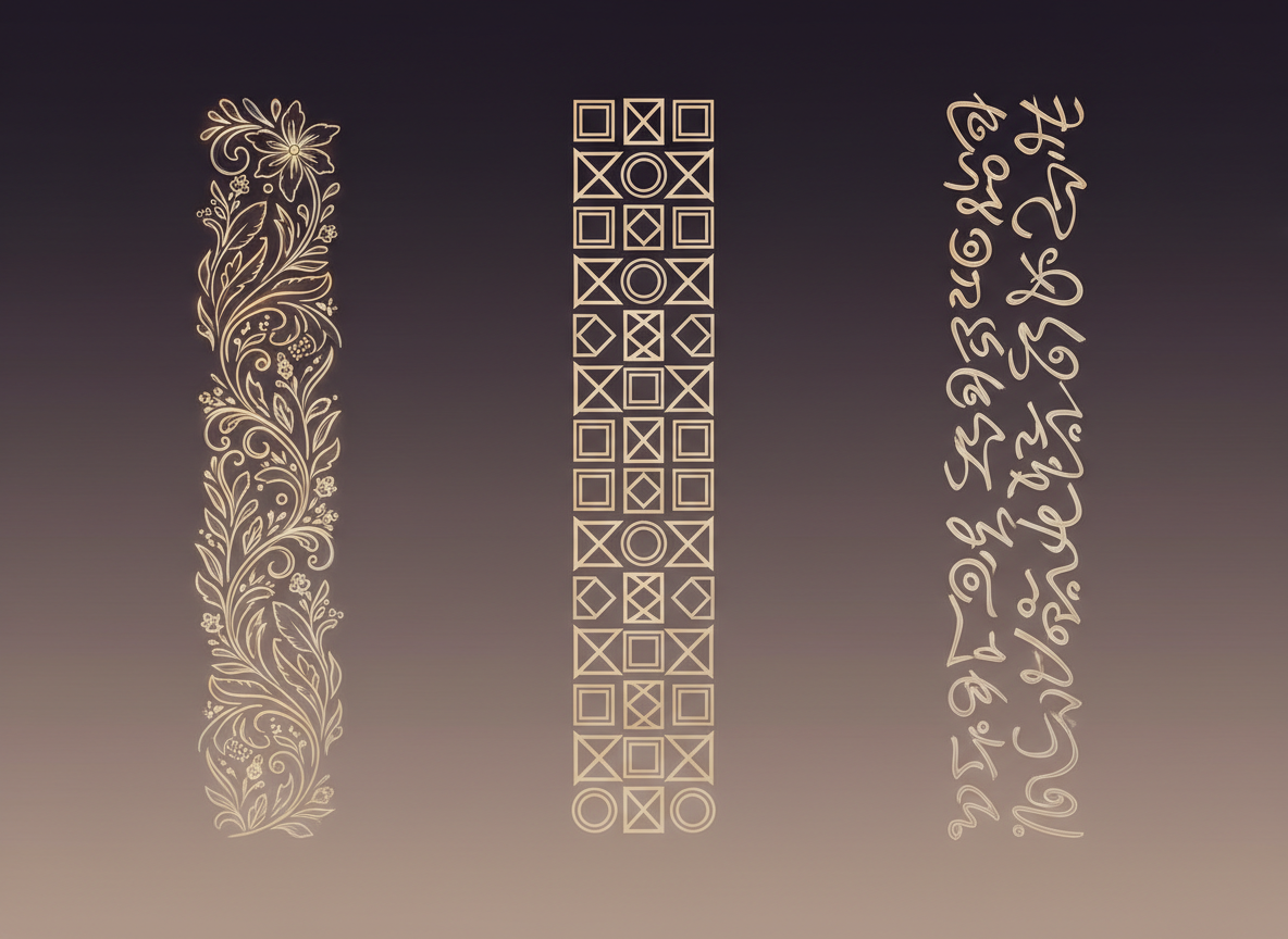 A set of three vertical ornamental “sentences” composed of repeating glyph-like motifs, each column a different visual syntax: one botanical and flowing, one geometric and modular, one calligraphic and abstract. They stand aligned on an elegant, gradient background transitioning from deep plum at the top to soft taupe at the bottom. Fine digital-art linework in pale gold and warm silver contrasts against the darker hues, with slight inner glows that suggest illumination from within. Soft, overhead lighting adds just enough sheen to imply depth without distracting reflections. The columns are arranged according to the rule of thirds, leaving generous negative space around them. The mood is conceptual and refined, presenting ornament explicitly as a codified language system across three distinct styles.