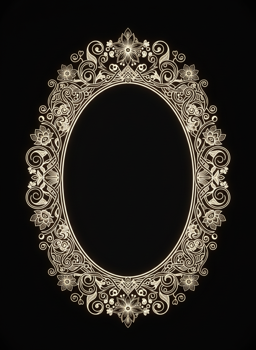 A meticulously detailed ornamental frame, empty at its center like a silent stage for future illustrations, crafted from interwoven botanical motifs, geometric knots, and whisper-thin lines, all rendered in luminous ivory against an ink-black background. The digital-art style emphasizes precision and clarity, every stroke razor-sharp. Subtle spotlight-style lighting appears to illuminate the frame from within, causing the pale lines to glow softly and cast the faintest shadow onto the dark field. The composition is symmetrical and front-facing, with a slight vignette that draws the eye toward the open interior, evoking a sense of elegant anticipation. The mood is poised and sophisticated, celebrating ornament itself as a primary language rather than mere decoration.